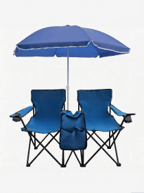 Portable Double Folding Beach Chair Set with Umbrella, 2-Person Outdoor Camping Chair with Cup Holders, Foldable Patio Chair for Picnic, Backyard