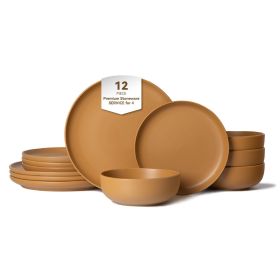 12-Piece Stoneware Dinner Plates Bowls Sets | Microwave & Dishwasher Safe | Non-Toxic Dinner Plates Bowls Set | Stackable Matte Glaze Kitchenware (Main Color: Orange, Main Material: Stone)